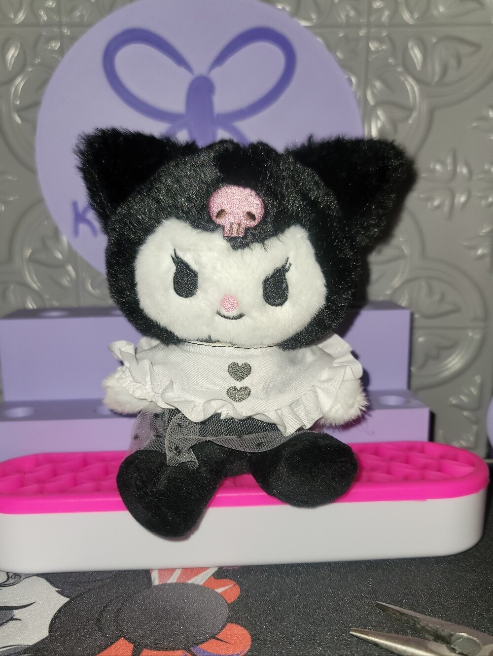 Plush Kuromi Bag Charm/Keychain with white shirt with hearts.